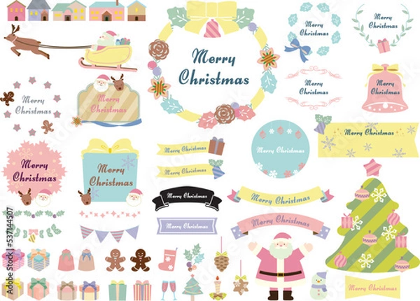 Fototapeta クリスマスのかわいいフレームとイラストとリボンのセット・パステルカラー