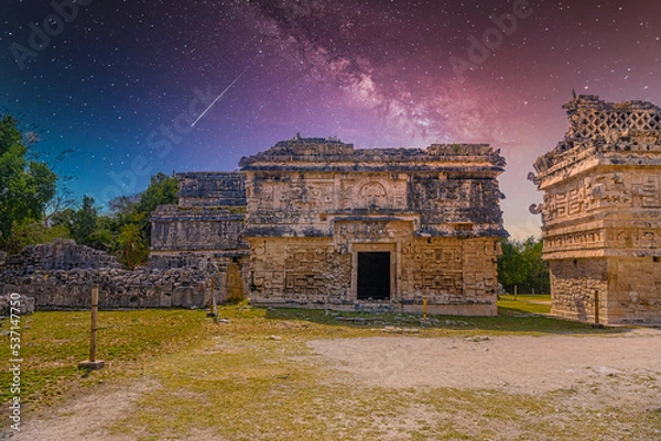 Fototapeta Worship Mayan churches Elaborate structures for worship to the god of the rain Chaac, monastery complex, Chichen Itza, Yucatan, Mexico, Maya civilization with Milky Way Galaxy stars night sky