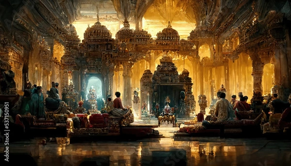 Fototapeta AI generated image depicting the throne room and court of an ancient Indian king, with ministers and courtiers in attendance. Durbar hall. 