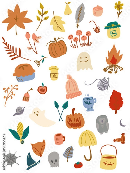 Obraz Set of Autumn vibe cliparts in png, leaves, pumpkin and other autumn stuffs