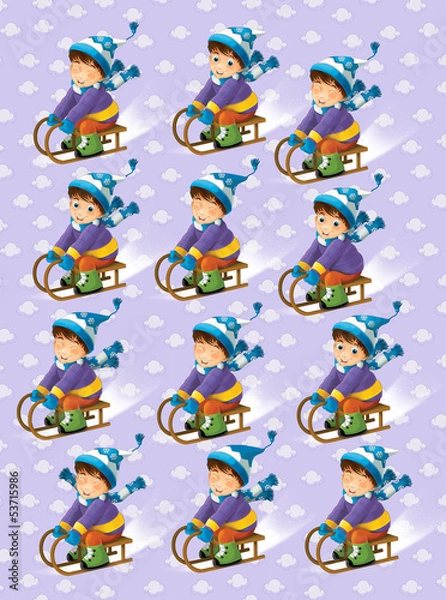 Fototapeta Cartoon scene of child sliding down on sledge - illustration for children