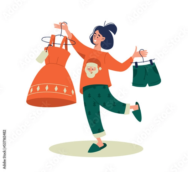 Obraz Clothes fitting. A woman is holding a new dress and new shorts in her hands. Vector image.