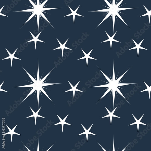Obraz Seamless pattern of white stars and snowflakes on a blue background New Year's print for wrapping paper. Christmas background of stars and snowflakes