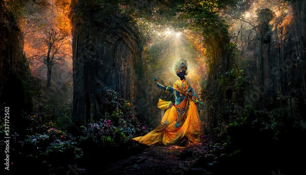 Fototapeta AI generated or 3D illustrated image of Hindu God Lord Krishna's raas leela in Vrindavan garden, India 