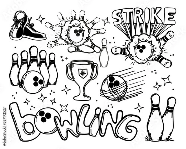 Obraz A set of hand-drawn elements with a bowling theme. Bowling ball, pins, shoes. Cup. Victory. Handwritten inscription strike . Ball smashes pins. Flying ball at target. Pins. Sport. Game. Hit, win.
