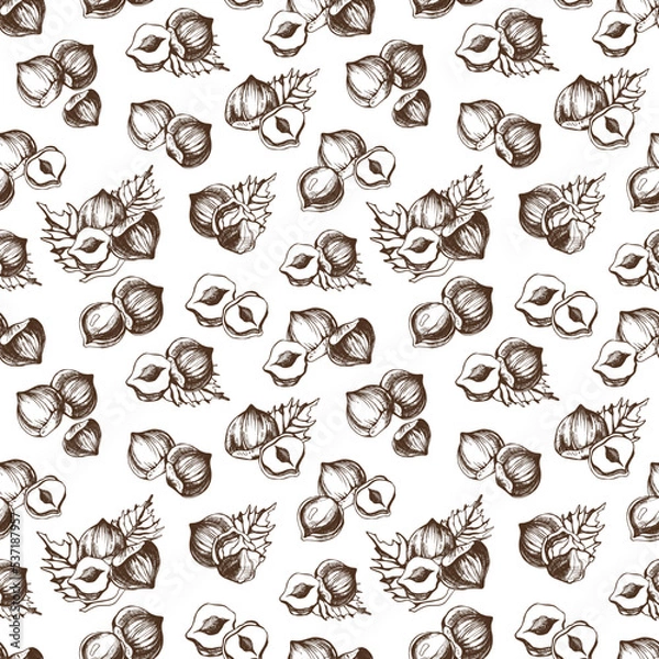 Fototapeta Vector seamless pattern with hazelnuts on a white background. Vegan food illustration.