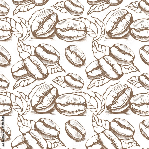 Fototapeta Seamless pattern with coffee beans on a white background. Hand drawn vector illustration.