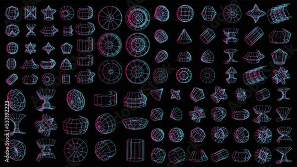 Obraz Set of abstract geometric technology elements in cyberpunk style. Retro vintage collection virtual digital design. Texture 80s vr. Futuristic metaverse pattern. Vector isolated template background