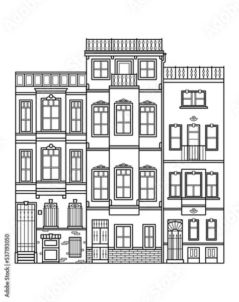 Obraz Street line vector illustration background. City street with houses and residential buildings. Business travel and tourism concept with modern buildings image