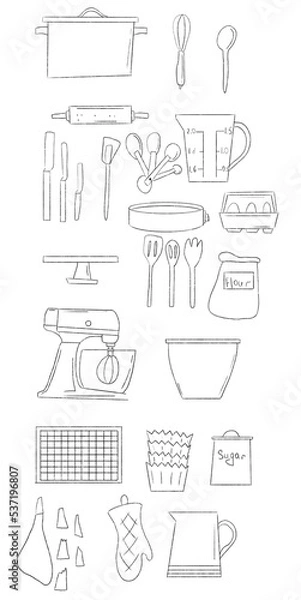 Fototapeta Cooking line set illustration. Boiling time, Frying pan and Kitchen utensils. Fork, spoon and knife line icons. Cooking book, frying time, hot pan. Baking time
