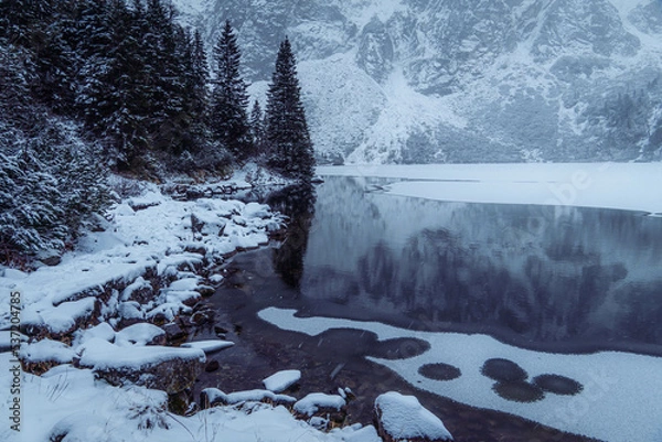 Obraz Moody winter photo of a frozen lake surrounded by high mountains and pine trees