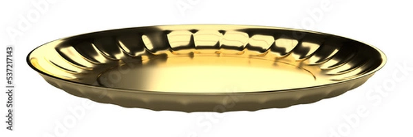 Fototapeta Isolated Side View of Gold or Copper Plate, Old Crockery on White Background. Realistic Shot of 3D Render Illustration.