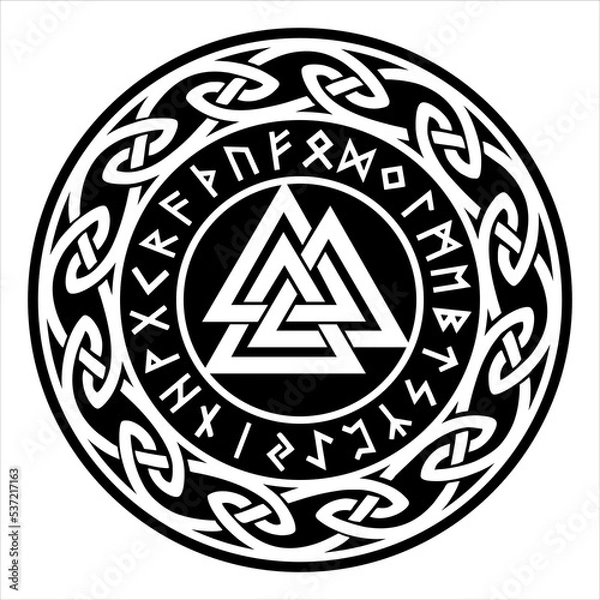 Fototapeta Valknut, Hrungnir heart, Wotans knot, Odin, Godfather, symbol, Celtic interlocked triangles, Triquetra, Norse mythology, Vikings, Paganism, 2 colors, shape, vector, isolated on white background