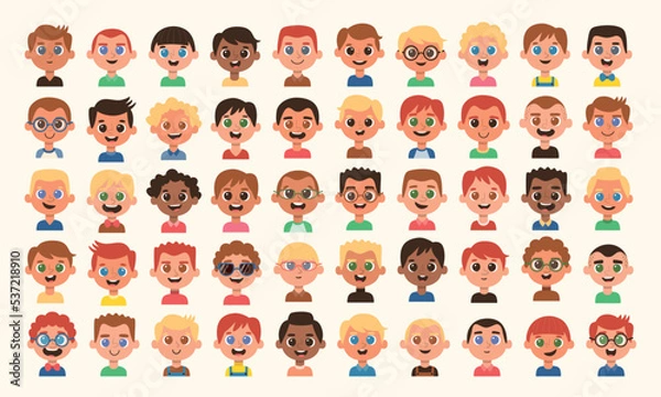 Fototapeta Cute Children avatar collection. 50 boys avatar. Diverse hair color and styles, eyes and skin color, noses and mouth shapes, clothing and accessories.