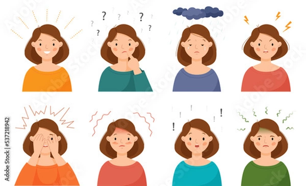 Fototapeta Set of emotions - joy, doubt, surprise, sadness, anger, fear, embarrassment, disgust. Cute woman experiences different emotions.