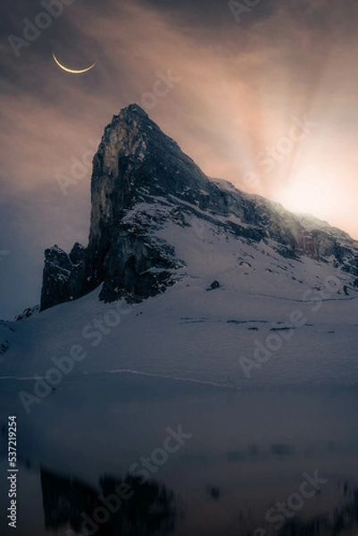 Obraz Snowy mountain peaks at Morskie Oko, Poland on a foggy, cold winter afternoon.