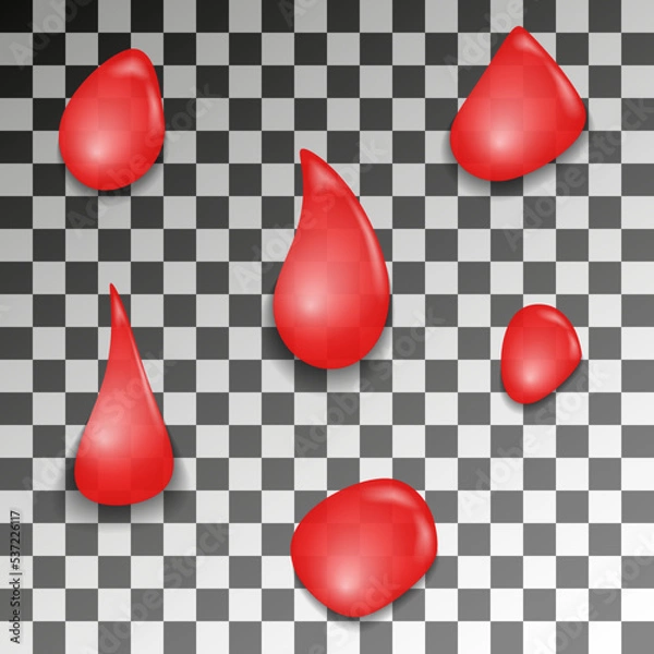 Fototapeta Set of transparent drops in red colors. Blood or wine. Vector for any background