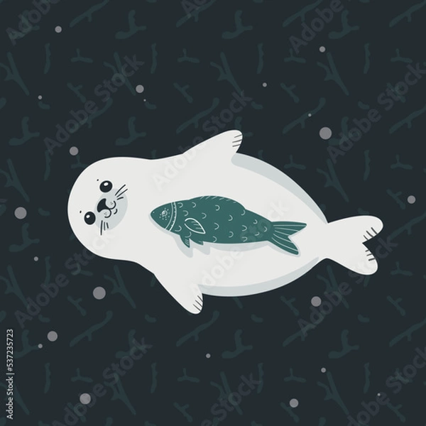 Fototapeta White Seal swimming with a fish, Cartoon vector illustration