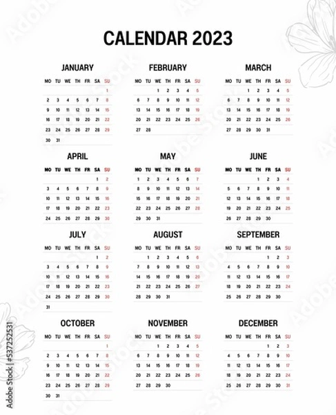 Fototapeta Calendar 2023 week start Sunday corporate design planner template.