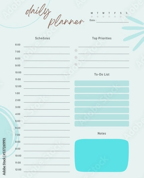 Fototapeta Daily planner printable template.Schedule,notes for the day. 