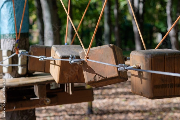 Obraz The bridges, ropes and ladders of the Adventure Park are designed for beginners among the tall trees. Adventure climbing in a high ropes course