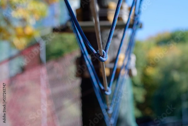 Obraz The bridges, ropes and ladders of the Adventure Park are designed for beginners among the tall trees. Adventure climbing in a high ropes course