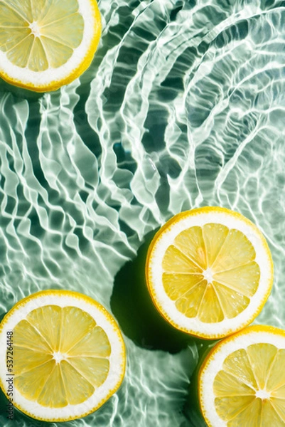 Obraz Transparent fresh exhilarant wave water with flecks background, lemon citrus slices. Summer freshness, healthy eating beach travel drinks concept. Vitaminic moisturizing care. Vertical. Copy space
