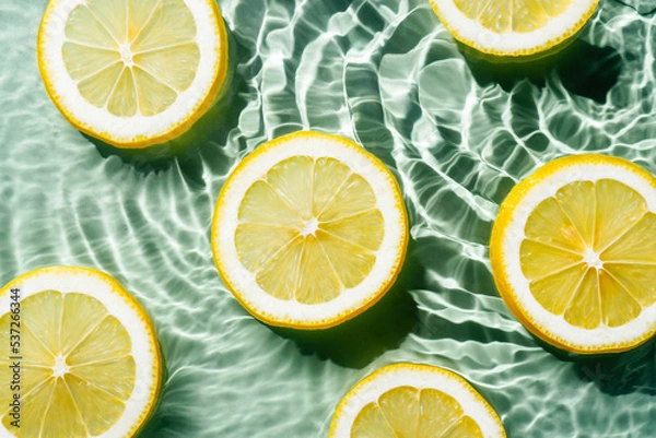 Obraz Transparent fresh exhilarant wave water with flecks background, lemon citrus slices. Summer freshness, healthy eating beach travel drinks concept. Vitaminic moisturizing care. Flat lay, top view