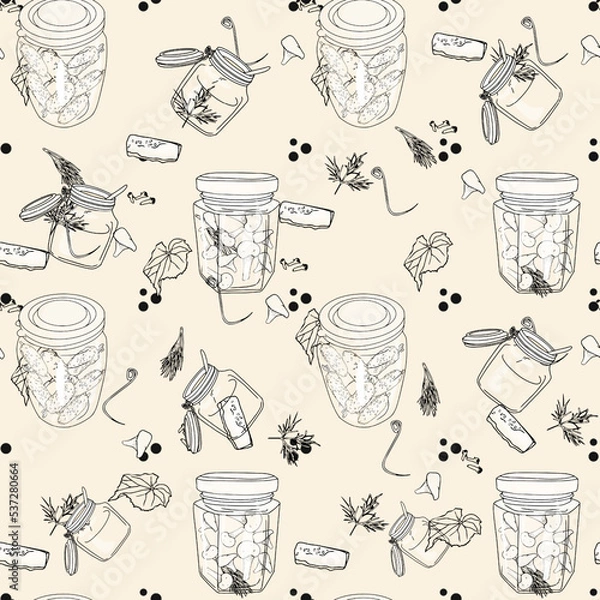 Obraz Bright handmade set. Jar with cucumbers, mushrooms, spices, greens on a green background. Vector pattern. Printing on textiles, printing, on packaging, preparation for designers