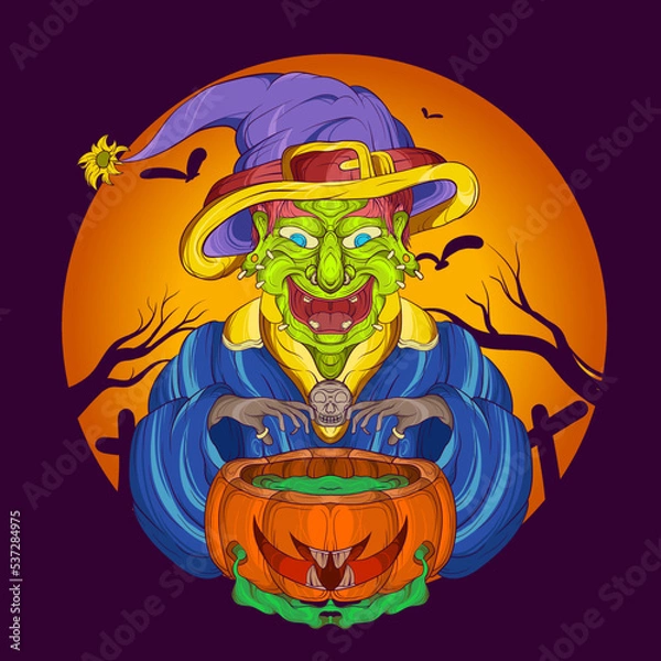 Fototapeta halloween witch monster, witch by concocting with pumpkin
