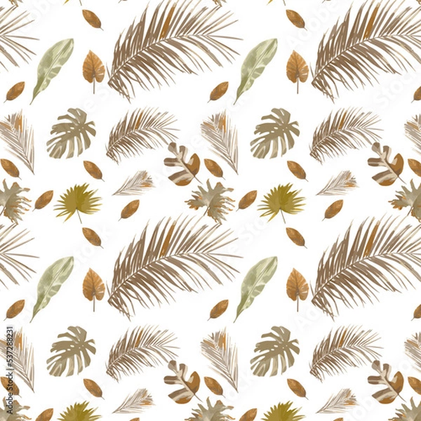 Fototapeta Beach cheerful seamless pattern wallpaper of tropical leaves of palm trees and flowers of paradise (strelitzia) plumeria on a white background