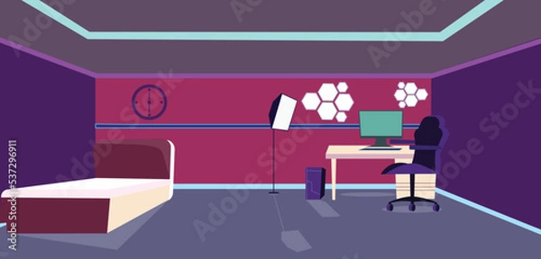 Fototapeta Vector game room illustration, modern esports concept. Night stream, digital entertainment in neon lights in clubs, lounges. computers, gamepads for consoles and comfortable furniture.