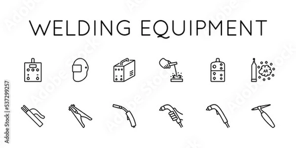 Obraz Welding equipment vector icons set. Holder, Helmet, Gas, Welding, Elktrod, Mass are presented.