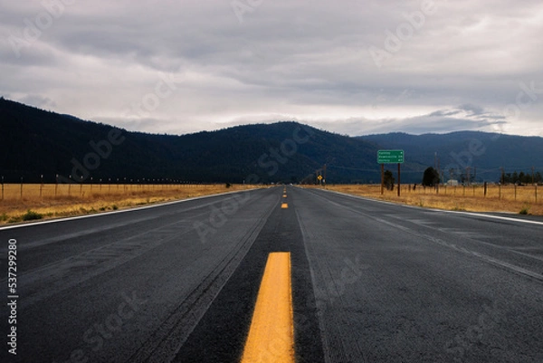 Fototapeta Empty road in America in a cloudy day. Empty road in California going through a yellow field with a view of the mountains in a distance