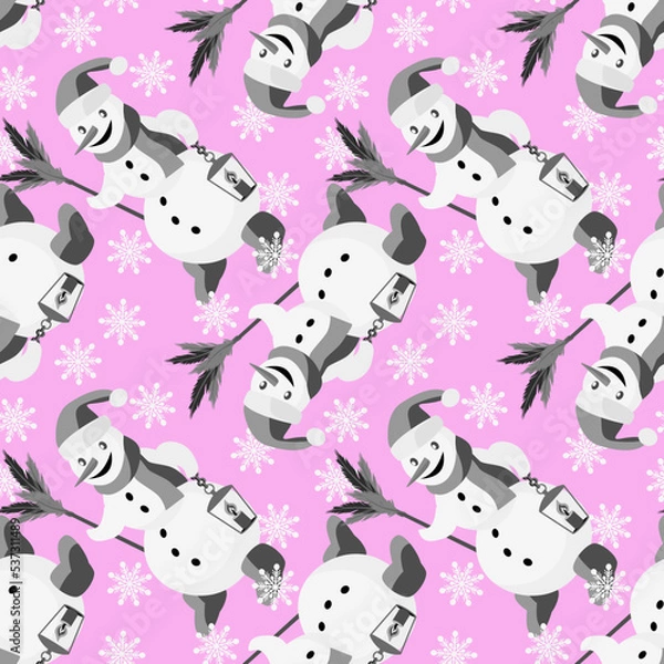 Fototapeta Vector - snowman with lantern seamless pattern.