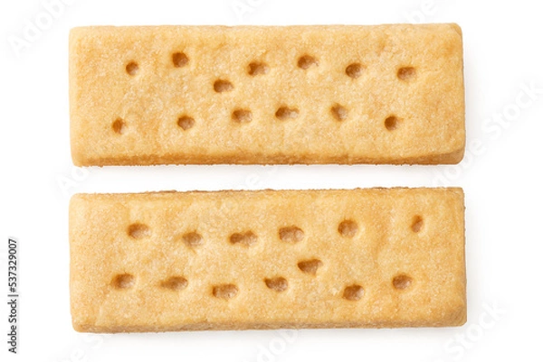 Fototapeta Two parallel butter shortbread finger biscuits from above.