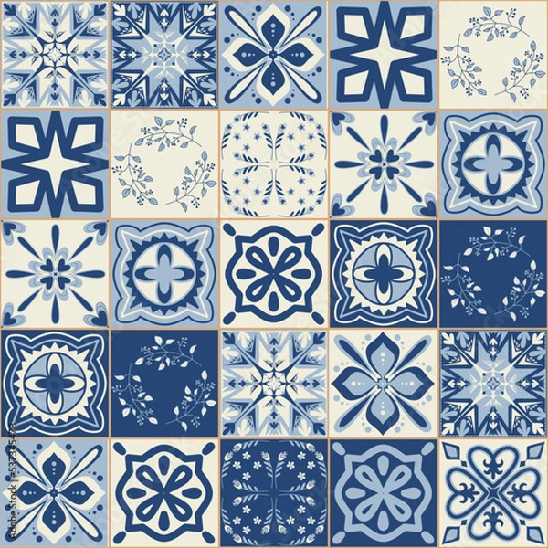 Obraz Spanish portuguese ceramic tile in blue color, vintage traditional pattern on square mosaic, vector illustration