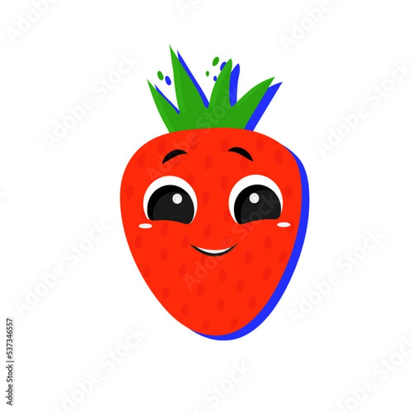 Obraz Cute and funny cartoon style strawberry character face icon. Flat vector illustration isolated on white background with shadow. Red and ripe strawberry character with big eyes smiling