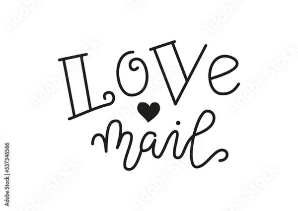 Fototapeta Modern mono line calligraphy lettering of Love mail in black isolated on white for decoration, poster, design elements, greeting card, valentine, Valentines day, mail, postage stamp, gift tag