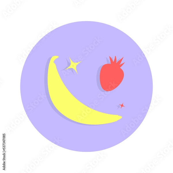 Obraz Strawberry and banana silhouettes in blue circle on white background. Flat vector summer fruit illustration.