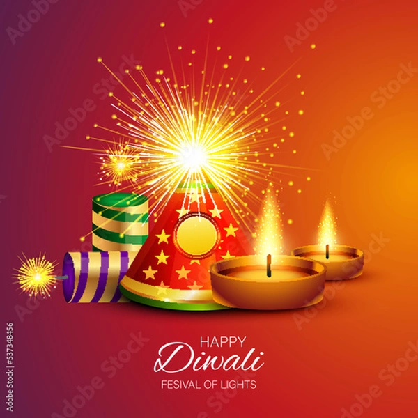 Fototapeta Beautiful Happy diwali background with diya and crackers