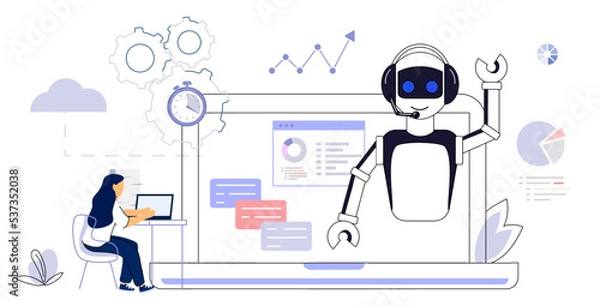 Fototapeta RPA Robotic process automation innovation technology Artificial intelligence web banner layout Business industry, bot, algorithm, coding, analyze, automate, check and loop Vector illustration concept