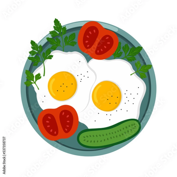 Fototapeta Scrambled eggs with vegetables and herbs on a plate on a white background.