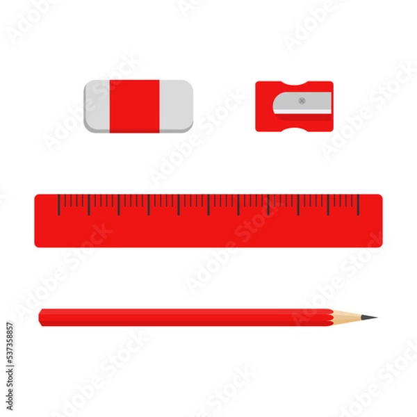 Fototapeta A set of schoolboy stationery items - a ruler, an eraser, a sharpener, a pencil.