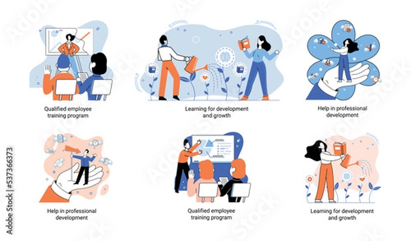 Fototapeta Help in professional development. Qualified employee training program. Learning for software development and growth. Agile project management devOps team, project life scrum meeting. Creative metaphor