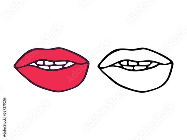 Fototapeta Mouth or lips with teeth in cartoon and outline style isolated on white background