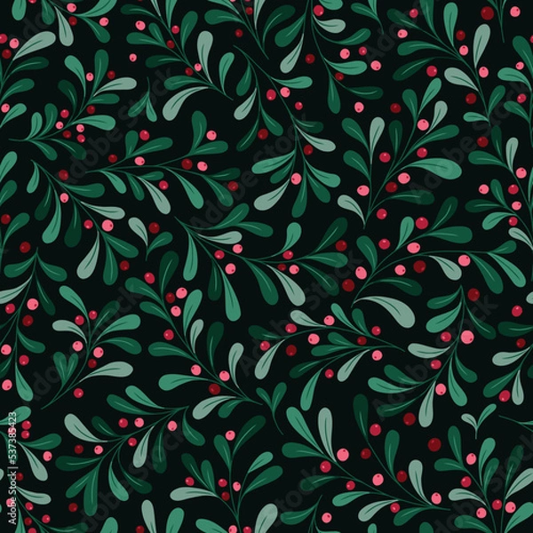 Obraz Christmas Mistletoe Foliage and Lingonberries Vector Seamless Pattern. Berries and Twigs. Winter Holidays Festive Print. Festive Botanical Design