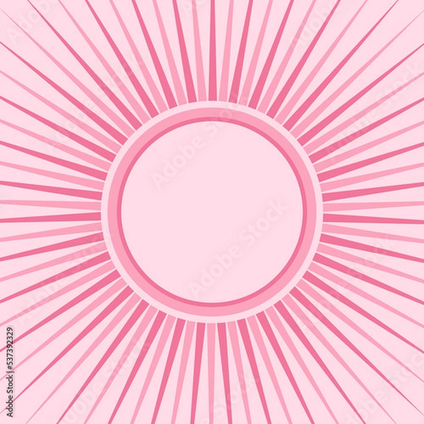 Obraz Sunlight retro background with round frame for text. Candy pink color burst background. Vector template illustration. Sun beam ray background. Old paper. vintage style.