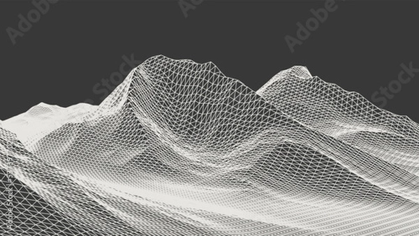 Fototapeta Abstract wireframe background. 3D grid technology illustration landscape. Digital Terrain Cyberspace in the Mountains with valleys. Data Array. Triangle polygons. White on Black. Vector Illustration.