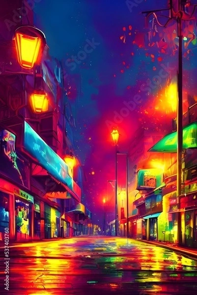 Fototapeta The city street is calm and the colors are beautiful at night. The streetlights look peaceful.